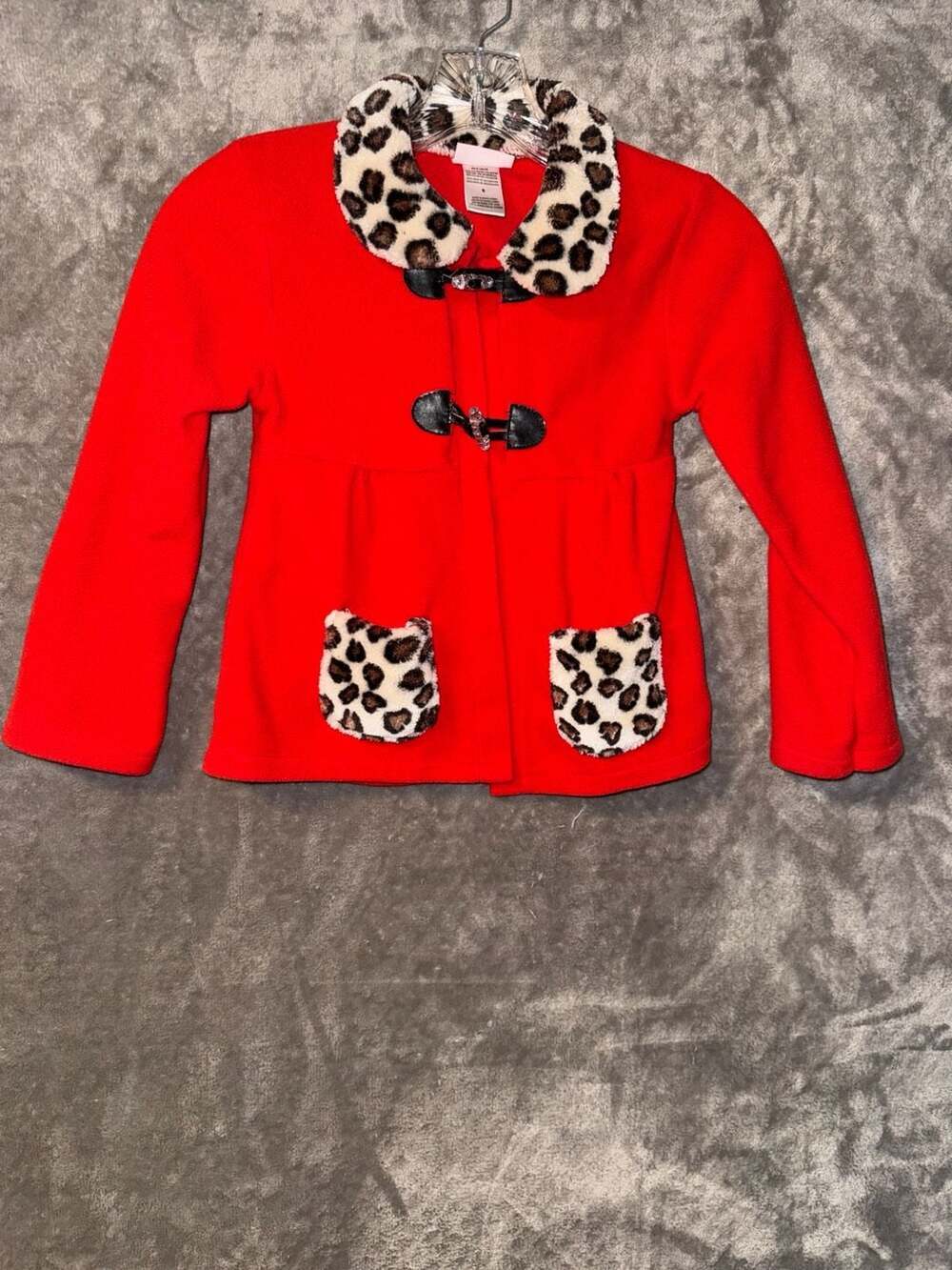 Little Lass Girls Red Fleece Jacket Leopard Faux Fur Trim Size 6